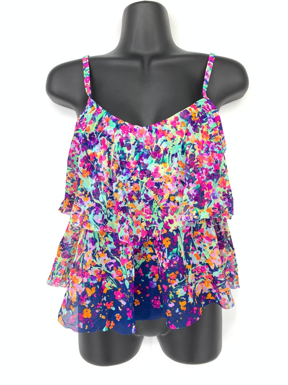 Kenneth Cole Reaction Women's Sz S Floral Print Mesh Ruffle Swim Top Multicolor